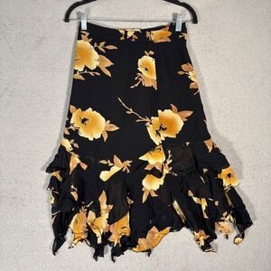 Vintage My Cout Black Floral Ruffle Midi Skirt Sz 4 Forest Fairy Whimsigoth‎ Y2K